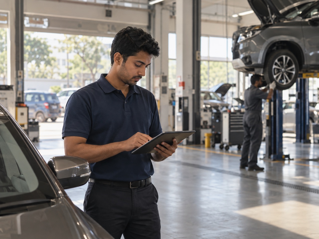 A service advisor checks a booking on a tablet beside a car, with a technician working at a lift behind him.